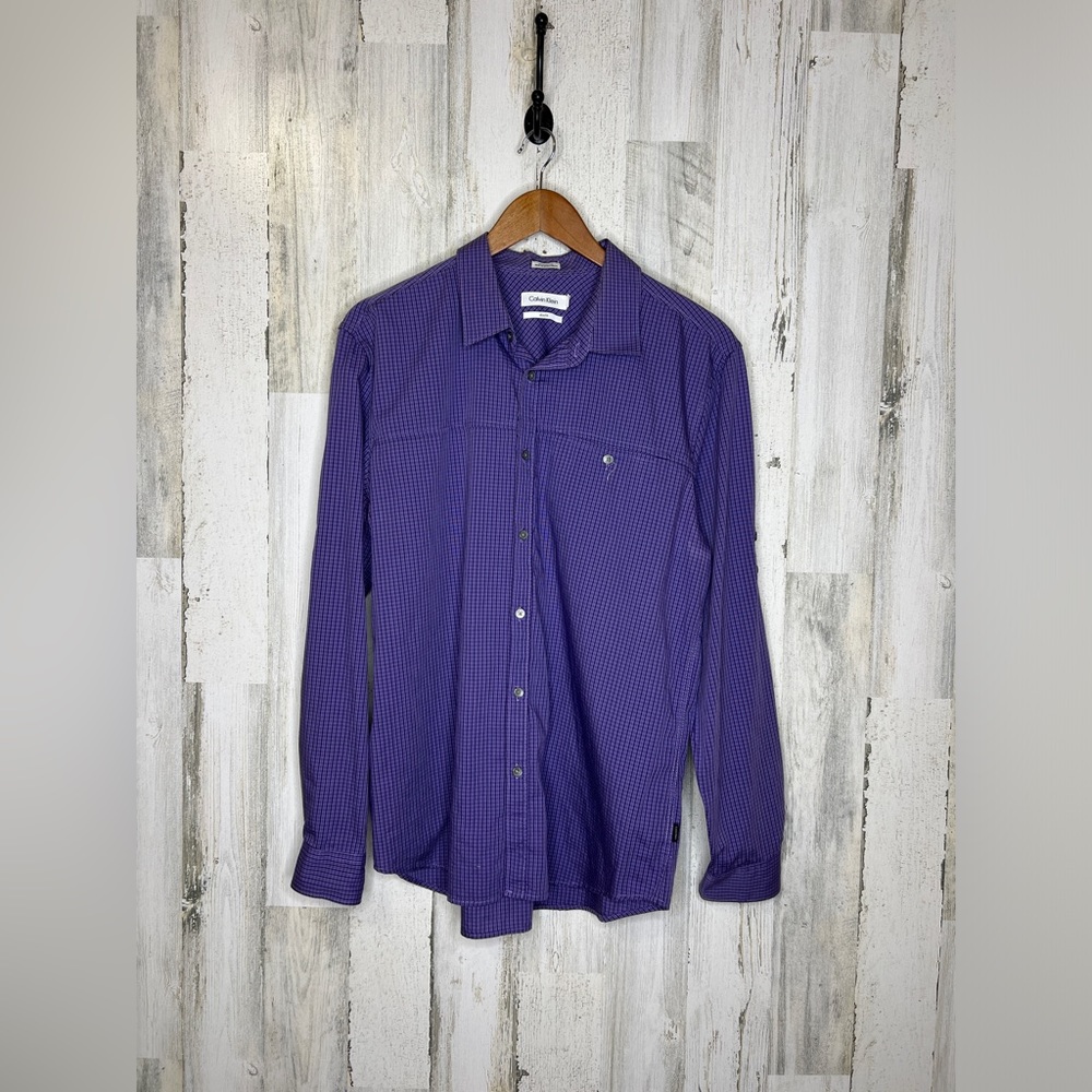 Calvin Klein Men's Slim Fit Long Sleeve Checks Button Down Shirt Purple Size L